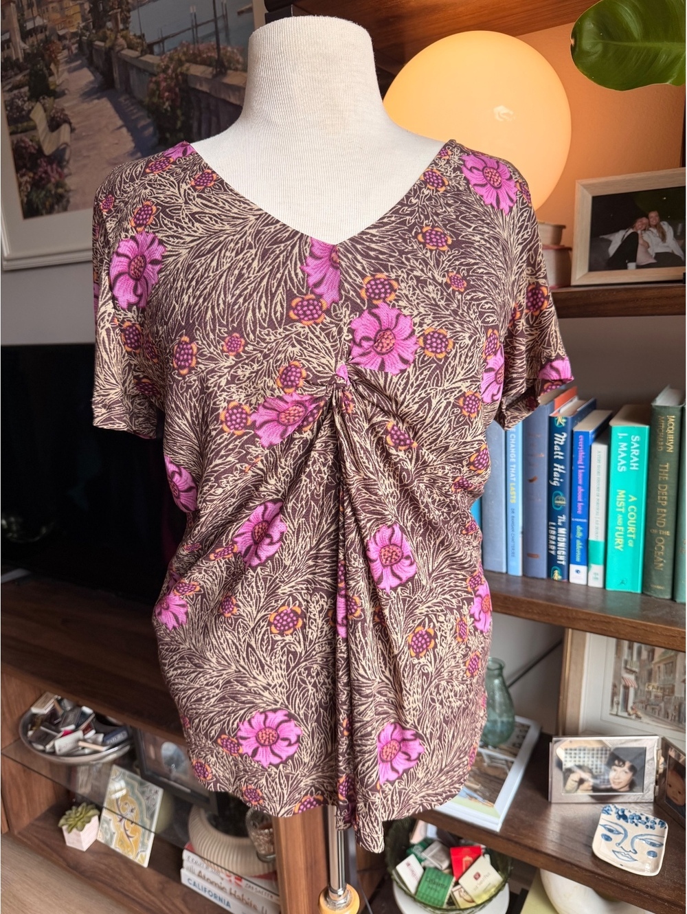Vintage Jaclyn Smith Floral Brown and Pink Short Sleeve Blouse Size L